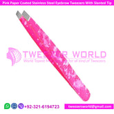 Pink Paper Coated Stainless Steel Eyebrow Tweezers With Slanted Tip